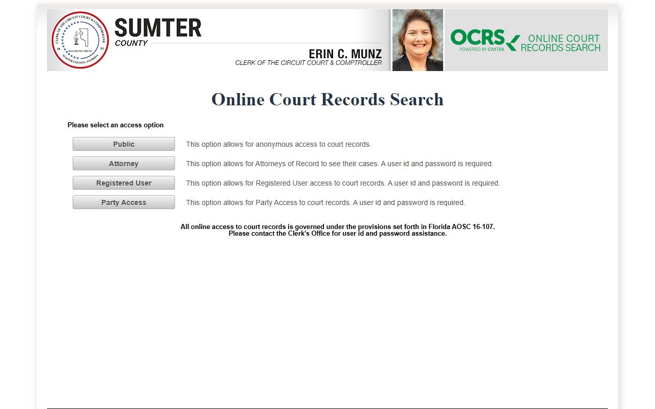 Sumter County online court records search access options for public and registered users