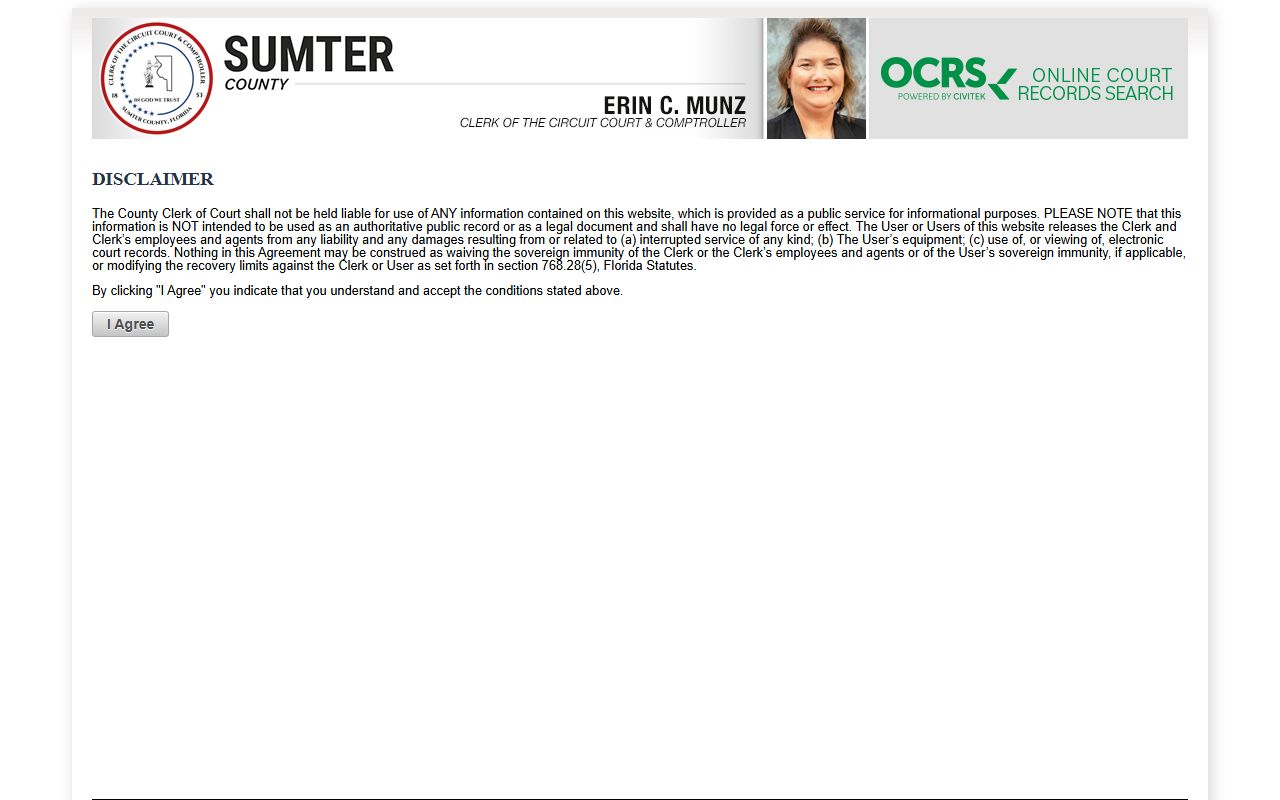Sumter County court records disclaimer requiring agreement before searching