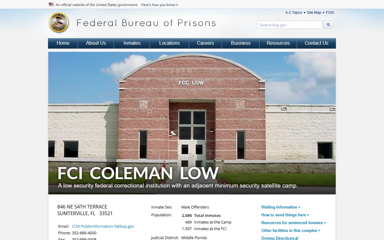 Federal Bureau of Prisons FCI Coleman Low facility profile page