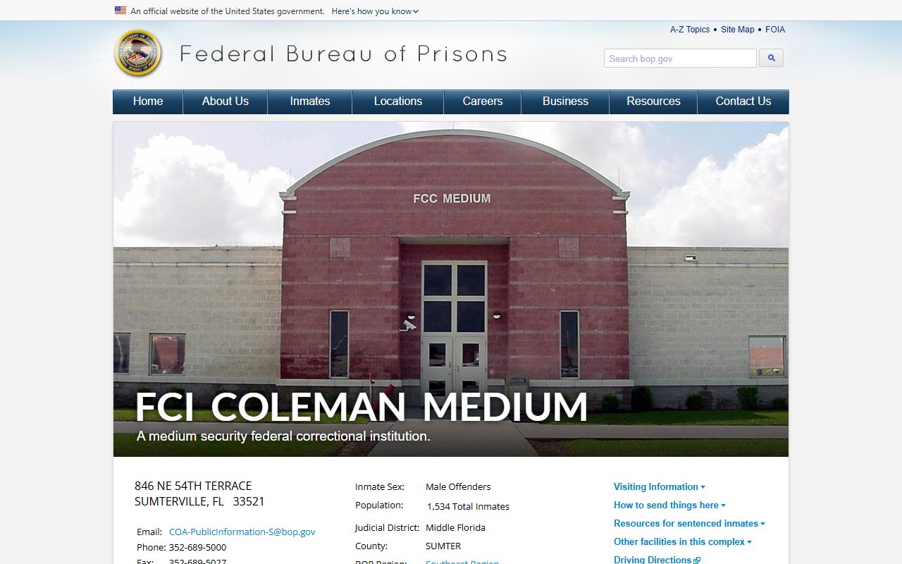 Federal Bureau of Prisons FCI Coleman Medium facility profile page