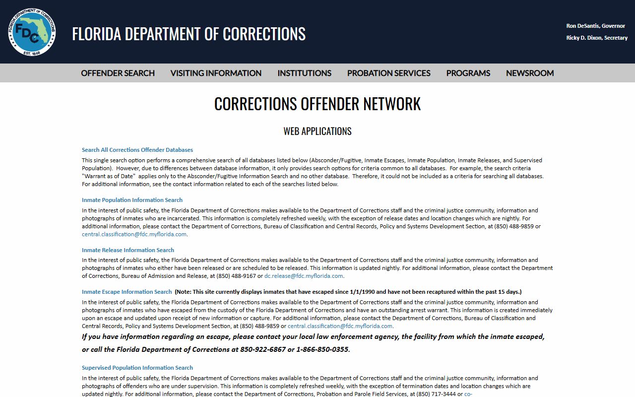 Florida Department of Corrections offender search menu for Sumter County state prisoners