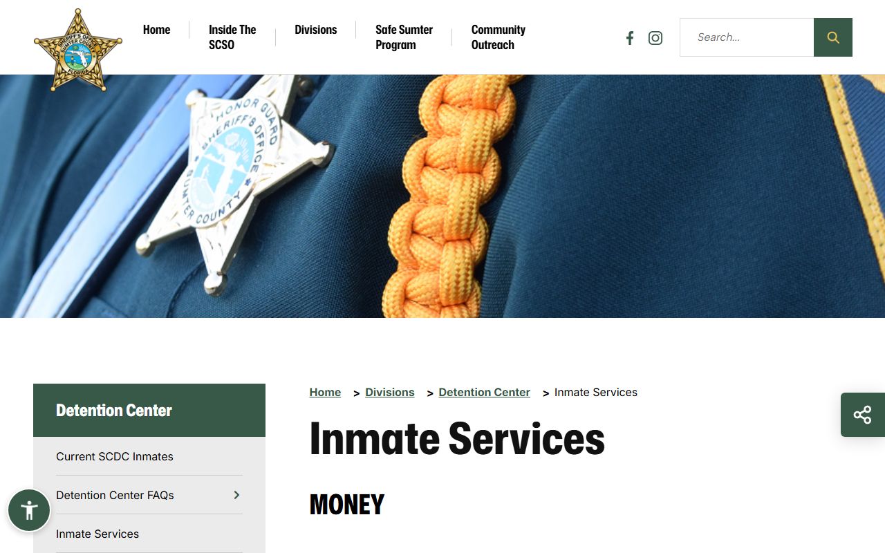 Sumter County Detention Center inmate services page on deposits and commissary