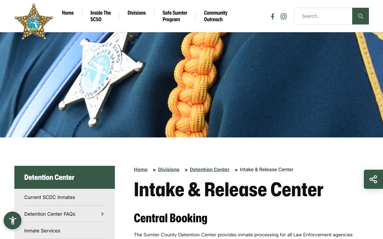 Sumter County Detention Center intake and release page showing jail capacity and bookings