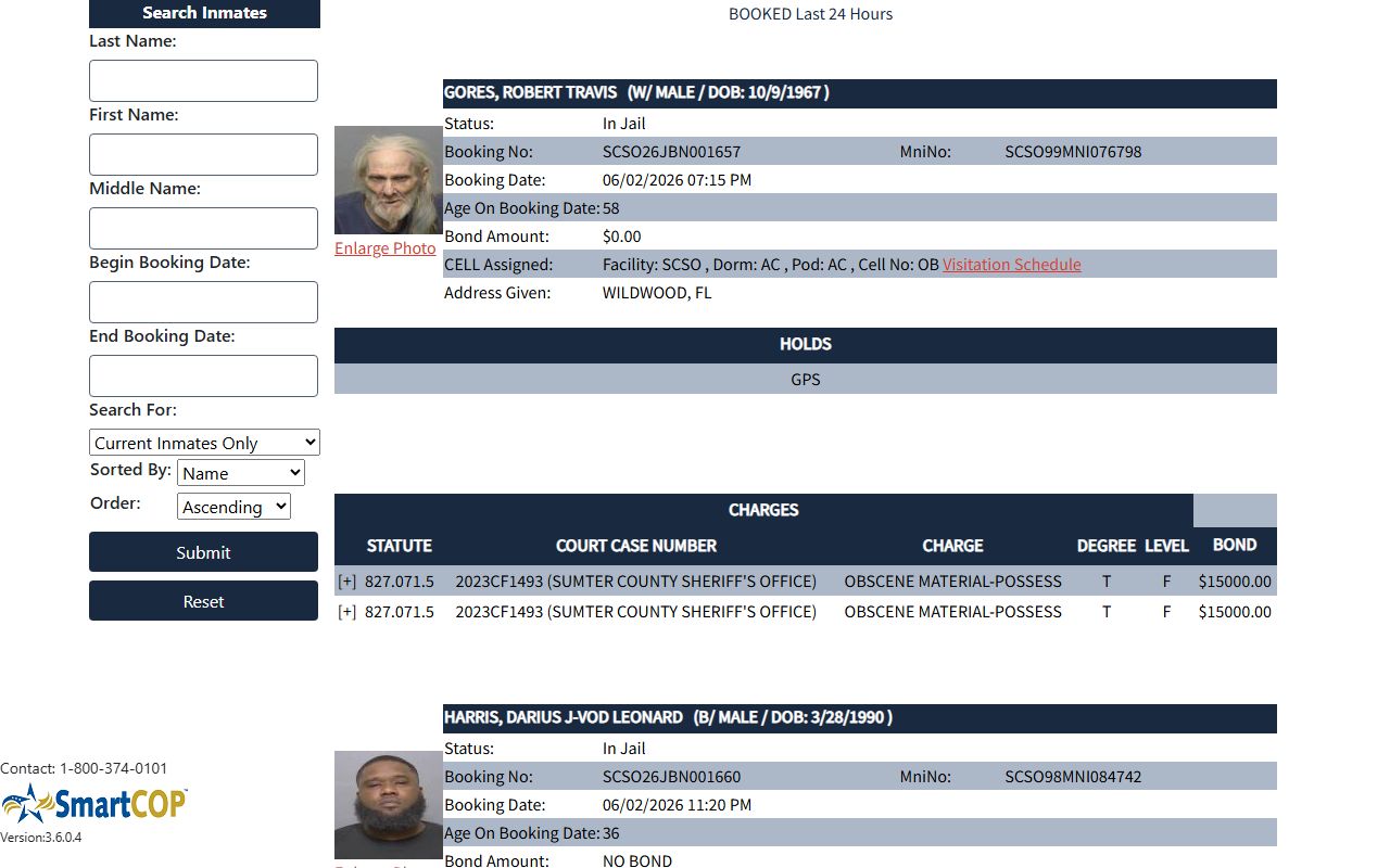Sumter County SmartWEB Jail View inmate search and recent bookings roster
