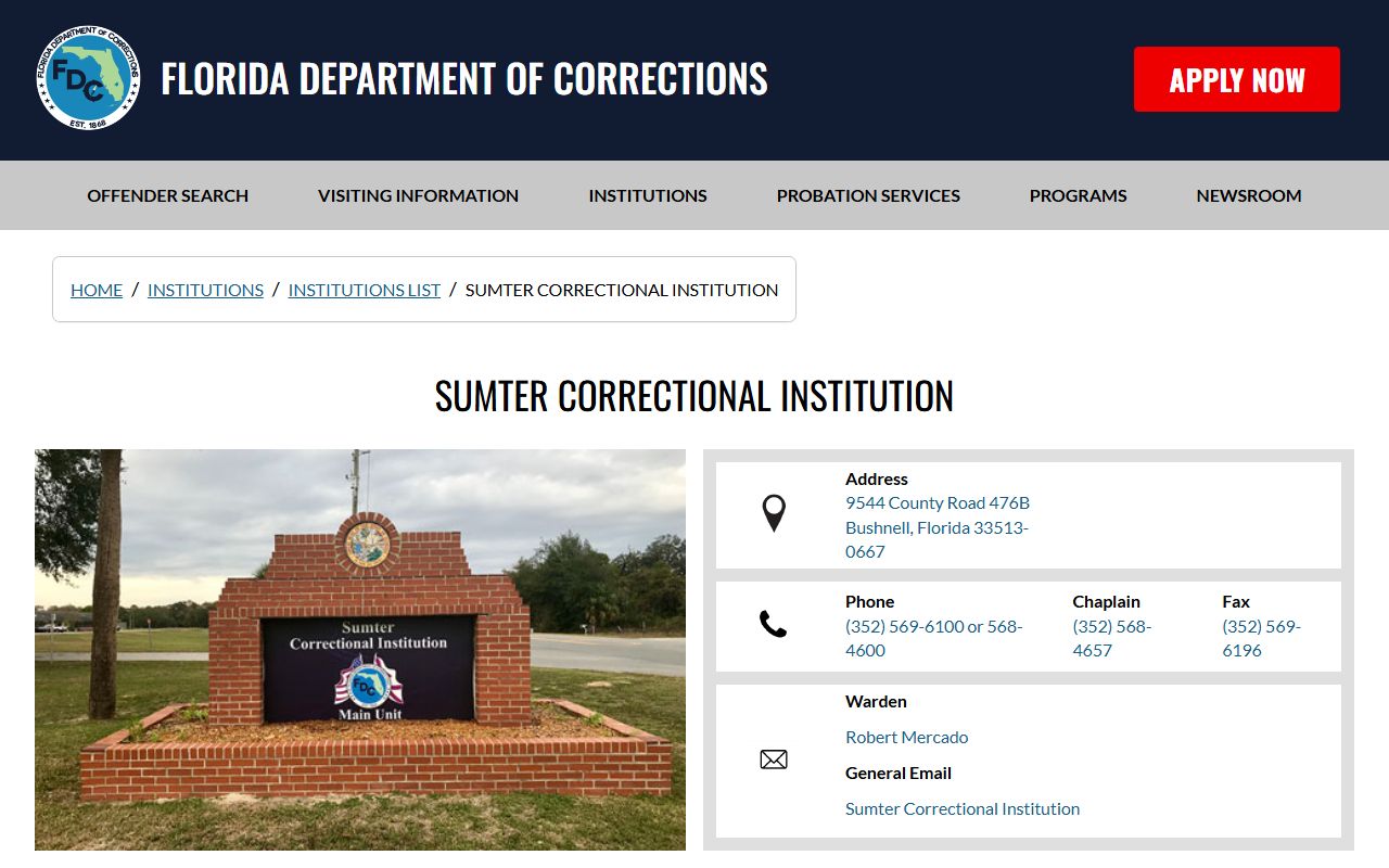 Florida DOC Sumter Correctional Institution profile page with capacity and programs