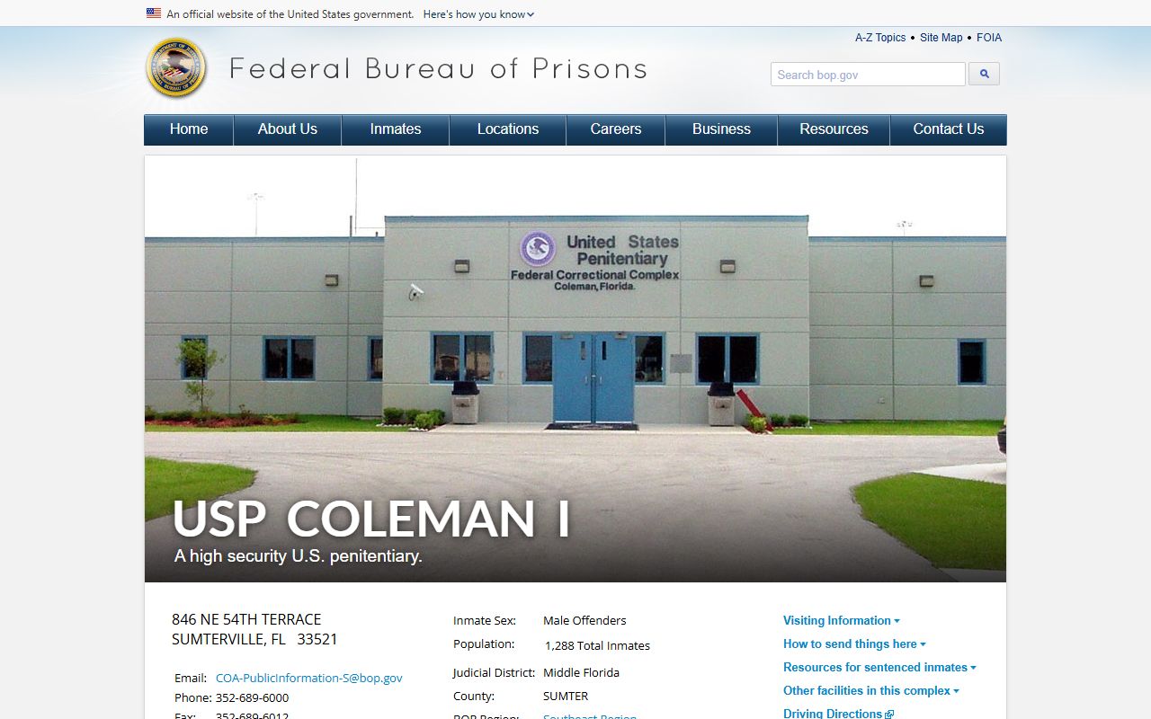 Federal Bureau of Prisons USP Coleman I facility profile page