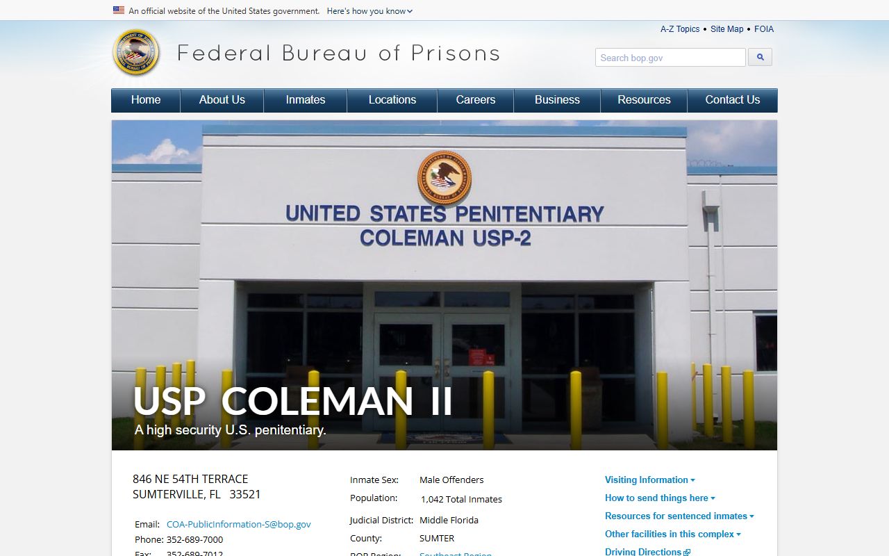 Federal Bureau of Prisons USP Coleman II facility profile page