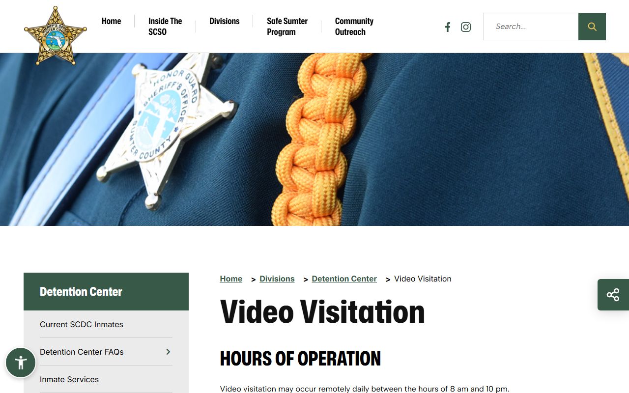 Sumter County Detention Center video visitation page with daily hours and provider link